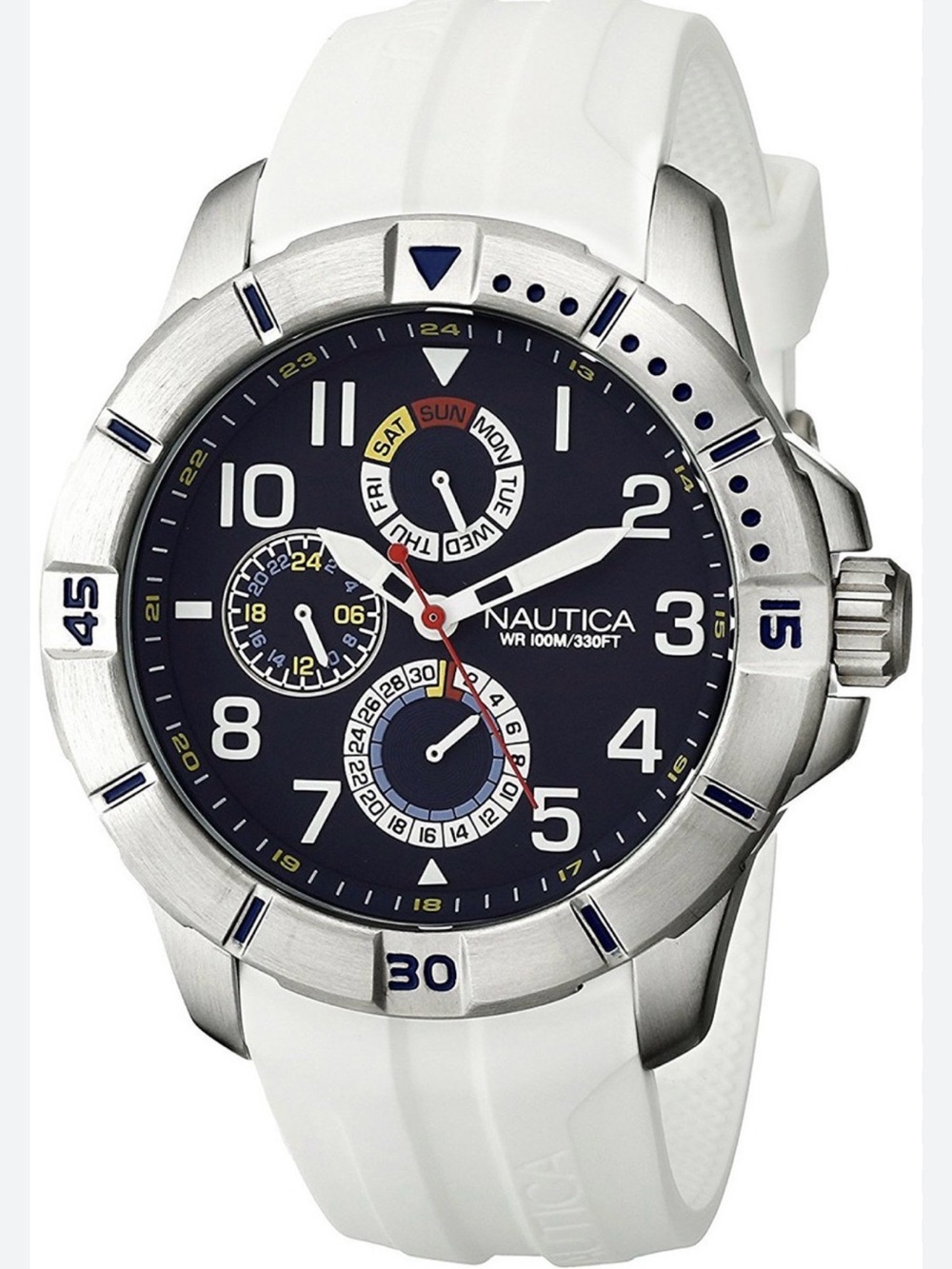 Preowned Nautica White Strap Navy Dial Multifunction Sport Watch